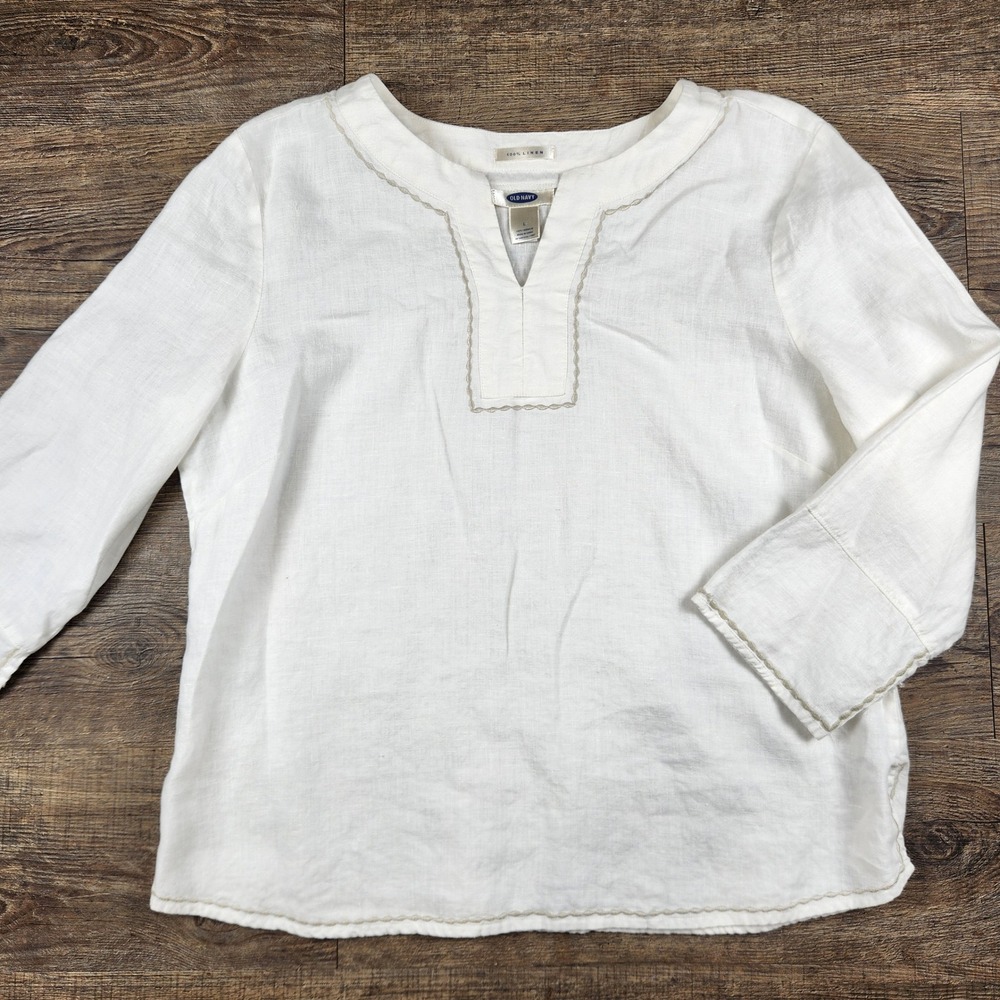 Old Navy 100% Linen Embroidered Split Neck Tunic Top Large